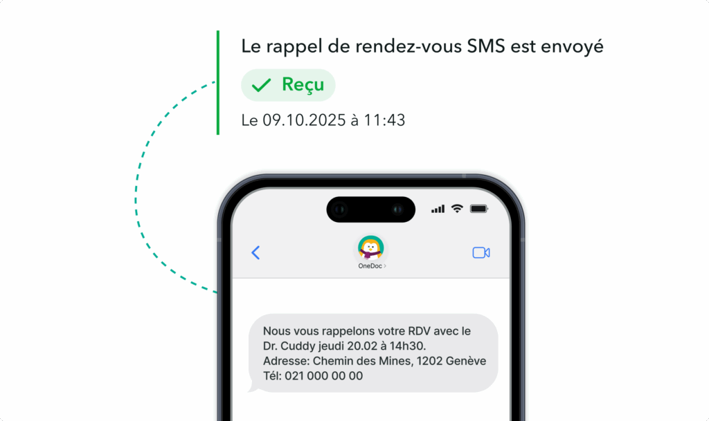 sms-gratuit-OneDoc-Pro Smartphone avec un SMS OneDoc et une infobulle garantissant que le SMS inclu dans l'abonement a été envoyé