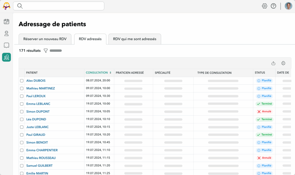 statut-adressage-suivi Tableau sur OneDoc Pro affichant le statut de l'adressage