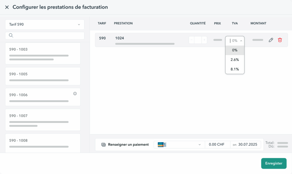 tva-prestation-OneDoc-Invoice Création d'une facture dans l'interface OneDoc Invoice avec choix de la TVA