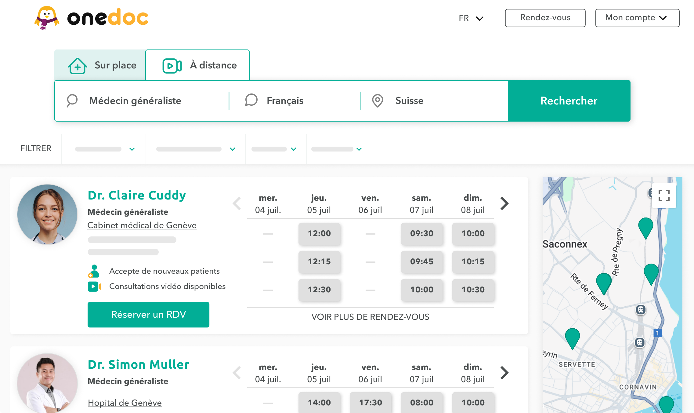 visibilite-OneDoc-Visio-teleconsultation Recherche sur onedoc.ch utilisant l'onglet à distance mettant en avant les professionnels offrant la téléconsultation OneDoc Visio