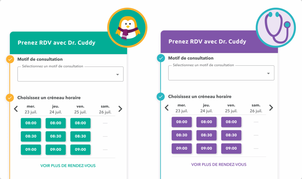widget-personnalisable-OneDoc-Pro Vue de deux widgets personnalisés en fonction des couleurs du logo du professionnel de santé