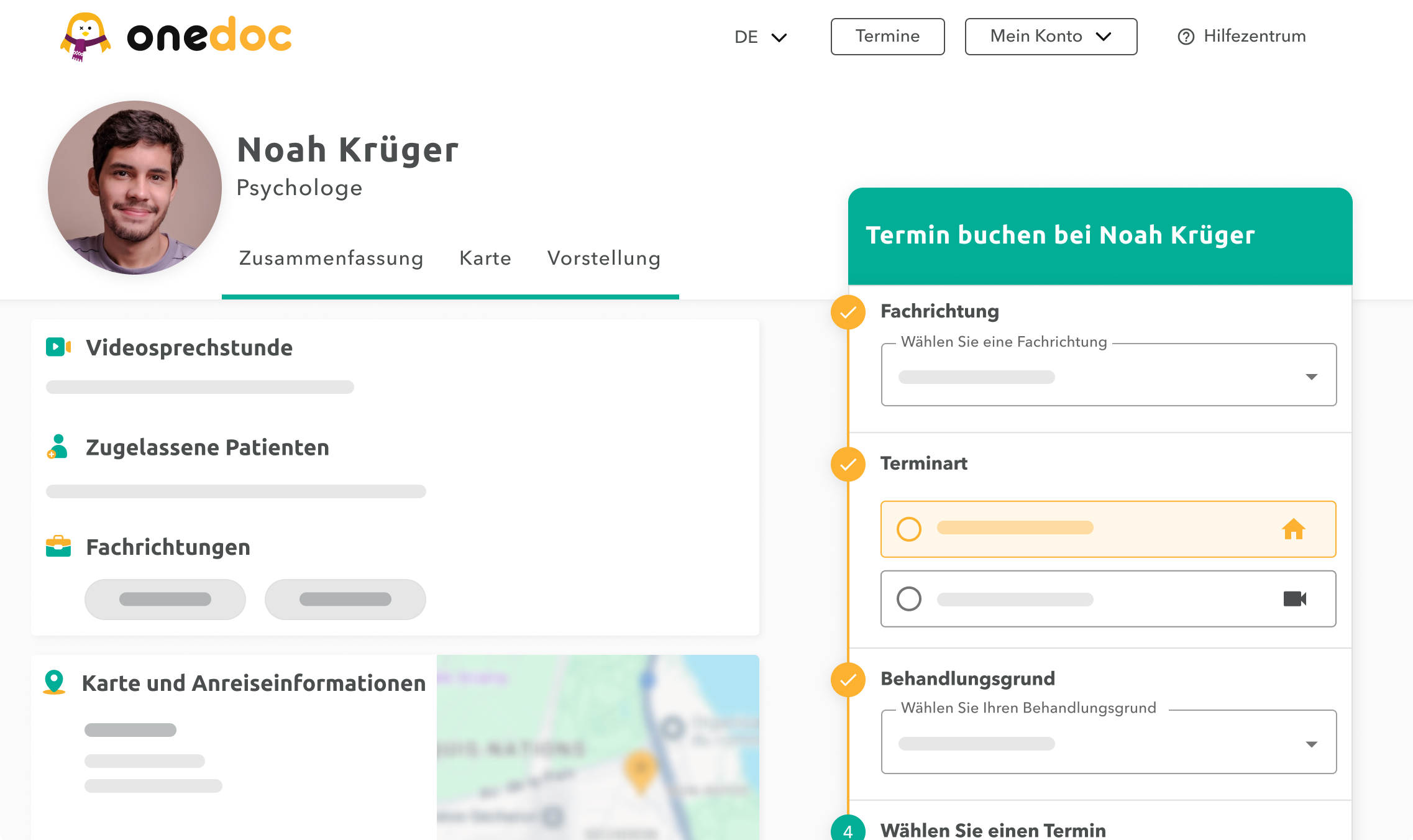 OneDoc-Profil-Psychologe Ansicht einer Psycholog:innen-Profilseite auf onedoc.ch