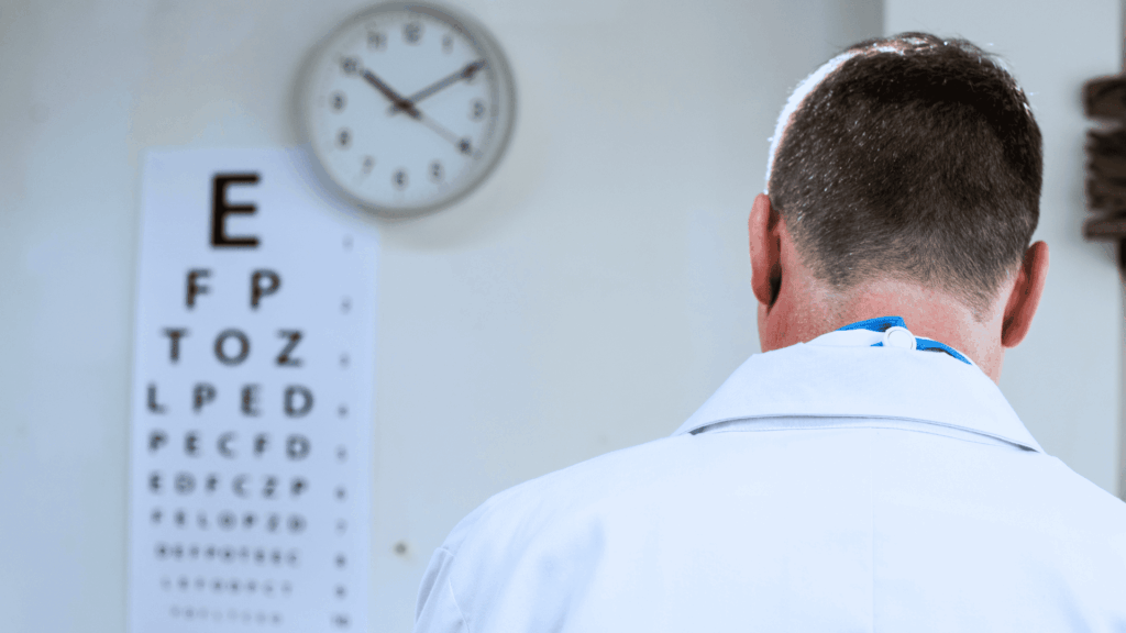 An ophthalmologist stands with his back to a clock, symbolizing the need to reduce waiting times at the ophthalmology clinic.