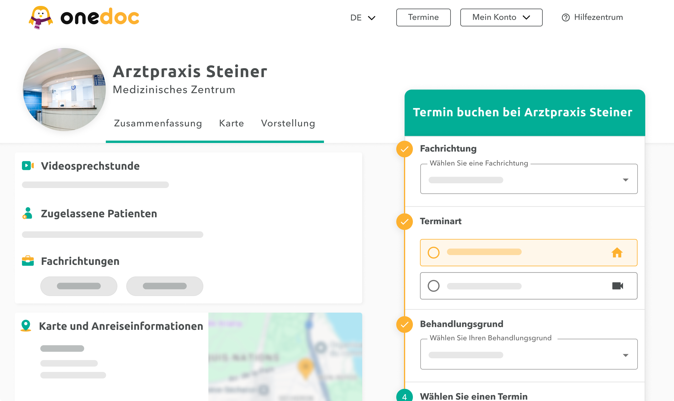 ärztezentrum-profil-onedoc-ch Vue d'une page profil d'un centre medical sur onedoc.ch