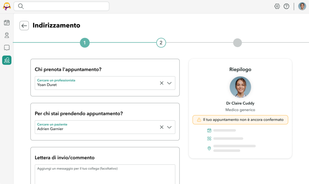 indirizzamento-paziente Interface de l'adressage sur OneDoc Pro avec la possibilité de joindre une lettre