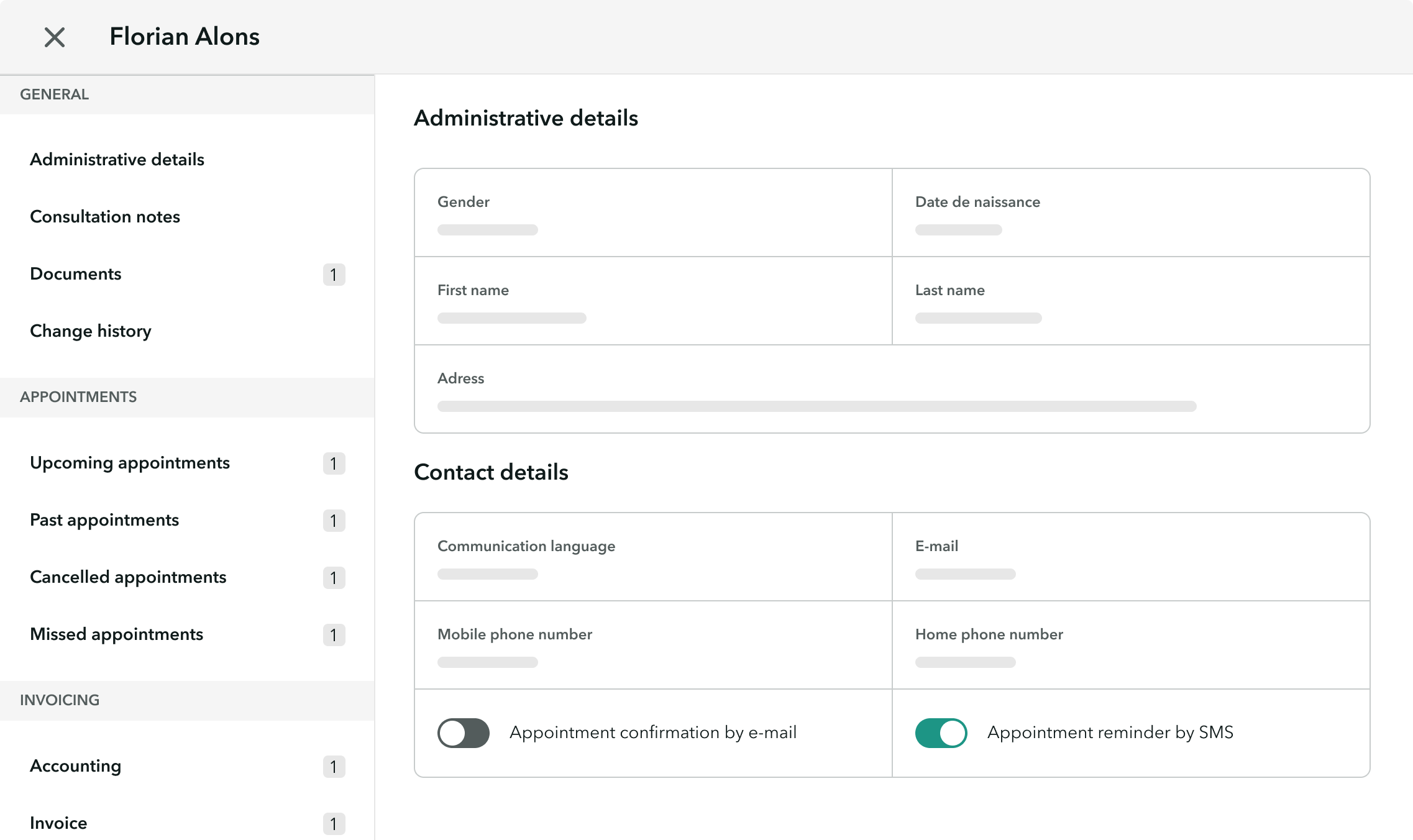 statistics-for-medical-centers-onedoc Vue des détails d'un patient sur OneDoc Invoice