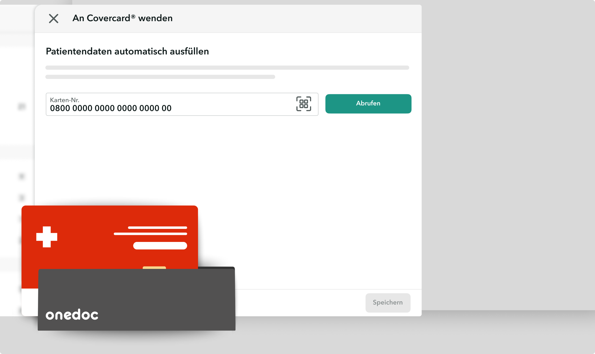 Ansicht des Kartenlesegeräts OneDoc Link. Vor einem Bildschirm, der den Patientenimport dank des Covercard-Systems anzeigt.