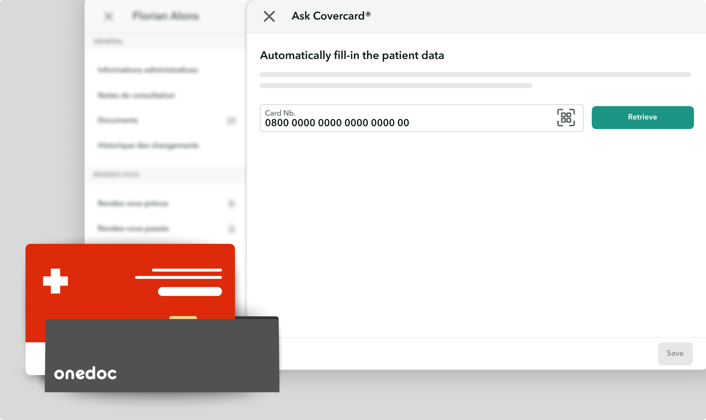 OneDoc-Link-card-reader View of the OneDoc Link card reader. In front of a screen showing the patient data import using the Covercard System.