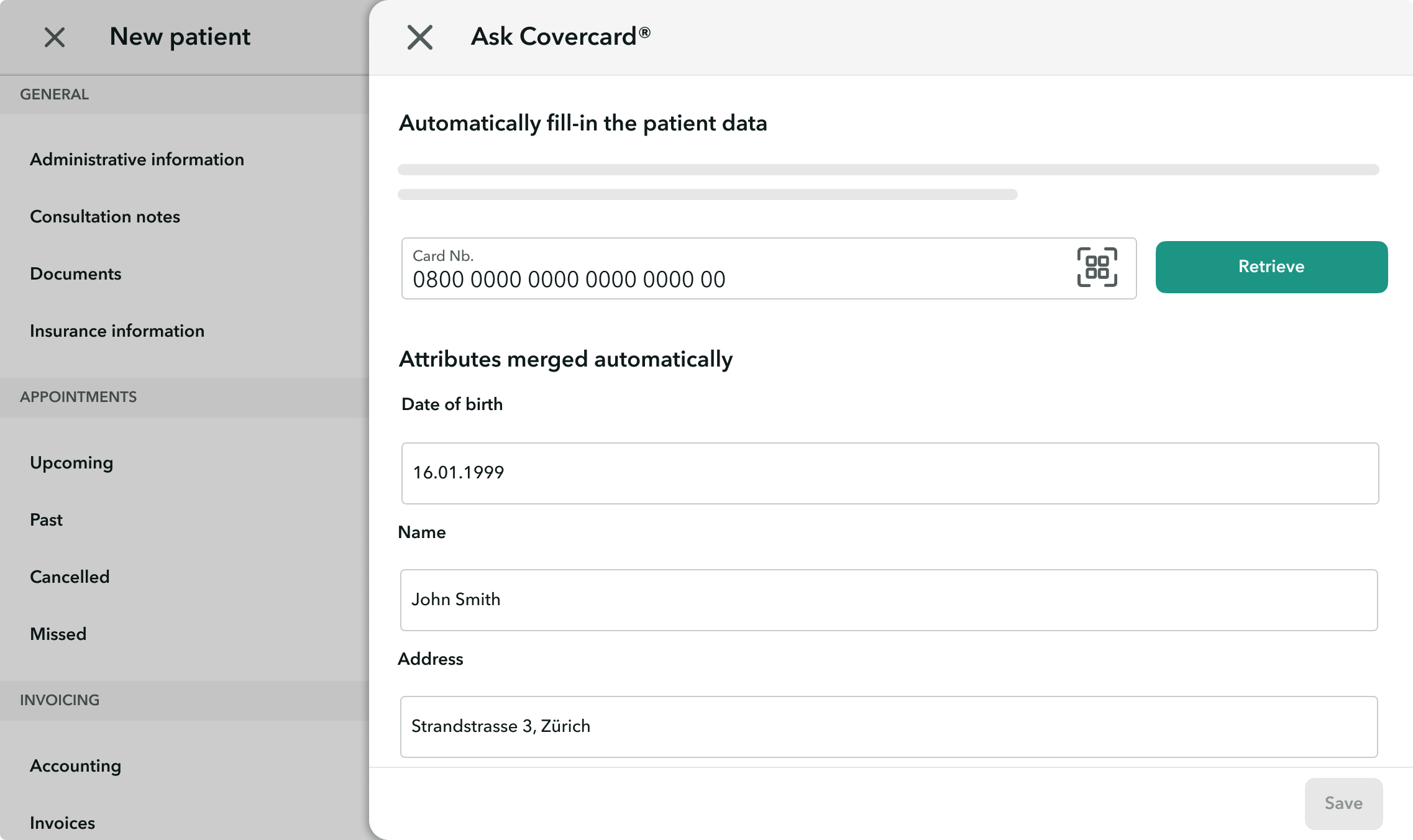 OneDoc-Link-patient-import View of a patient import into OneDoc pro using the Saytem covercard and OneDoc Link