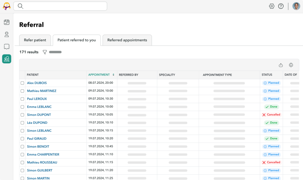 View of the OneDoc Pro referral interface where you can track which patients have been referred