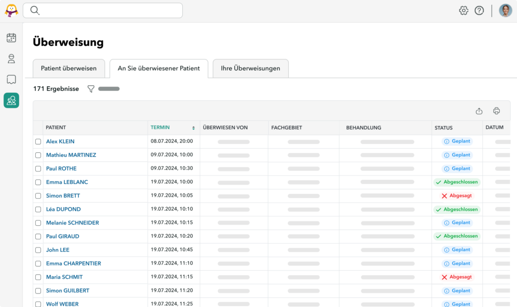 Ansicht der Überweisungschnittstelle von OneDoc Pro, auf der verfolgt werden kann, welche Patienten überwiesen wurden