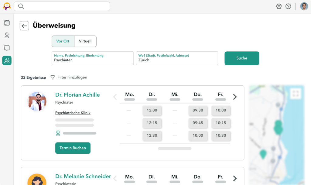 Ansicht der OneDoc Pro-Profilsuche, um einen Spezialisten für die Behandlung Ihrer Patienten zu finden