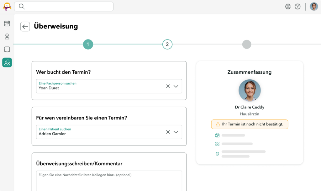 Überweisung in OneDoc Pro mit der Möglichkeit, einen Brief beizufügen