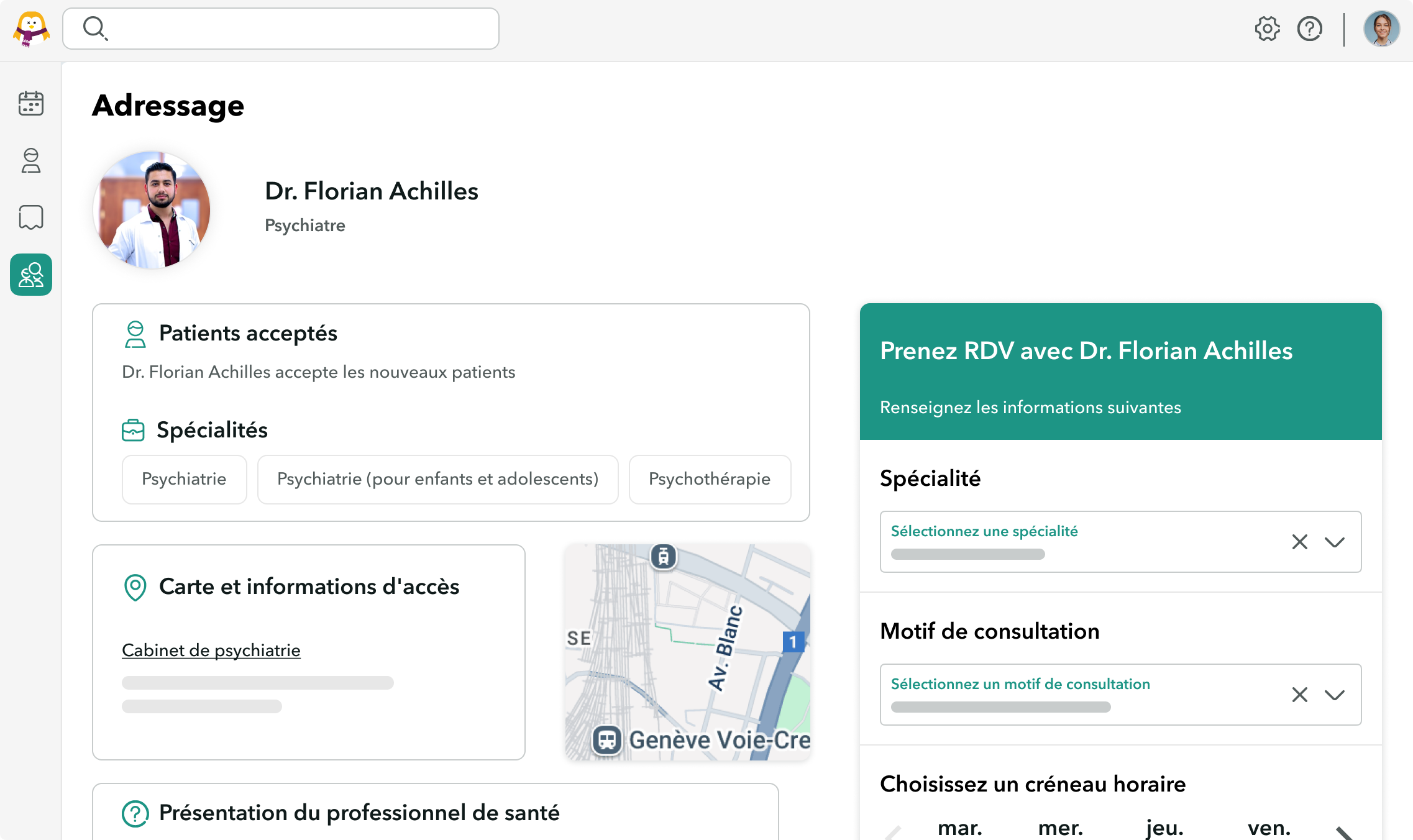 adressage-profil-psychiatre Interface OneDoc pro montrant le fonctionnement de d'adressage de patient
