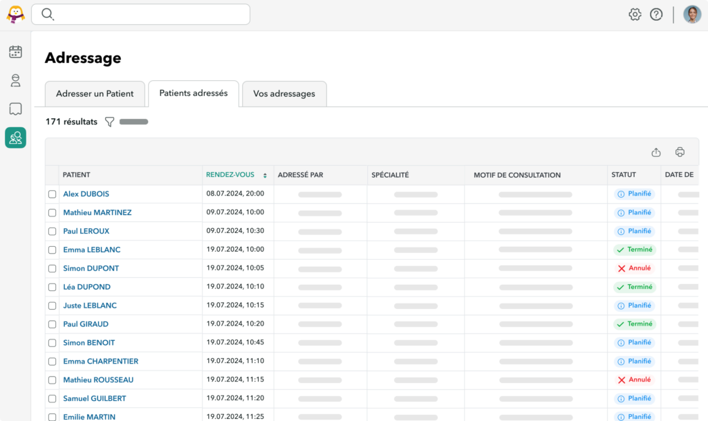 adressage-suivi-patient Vue de l'interface de l'adressage de OneDoc Pro sur laquelle il est possible de suivre quels patients ont été référés