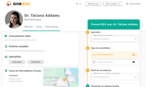Vue d'un profil de dermatologue sur OneDoc.ch proposant la prise de rendez-vous en ligne