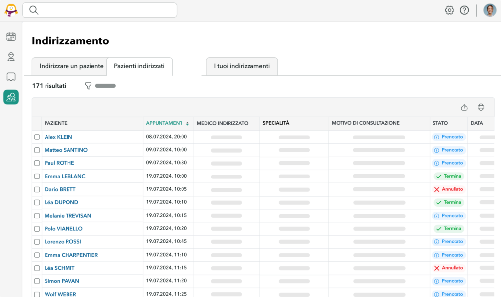 Vista dell'interfaccia di indirizzamento di OneDoc Pro, sulla quale è possibile monitorare quali pazienti sono stati segnalati.