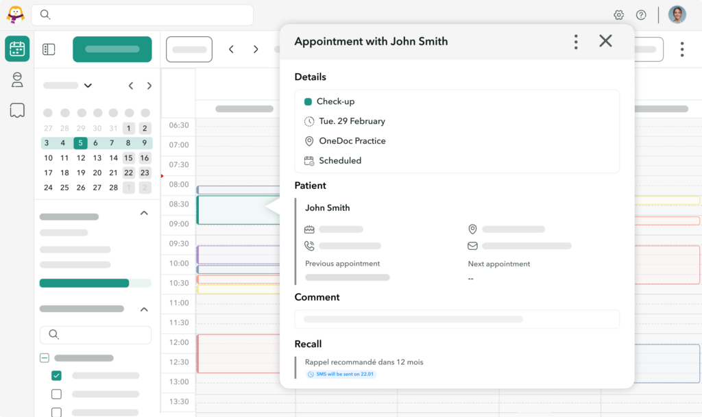 View of an appointment on the OneDoc Hub interface to which an SMS invitation to make a follow-up appointment has been added