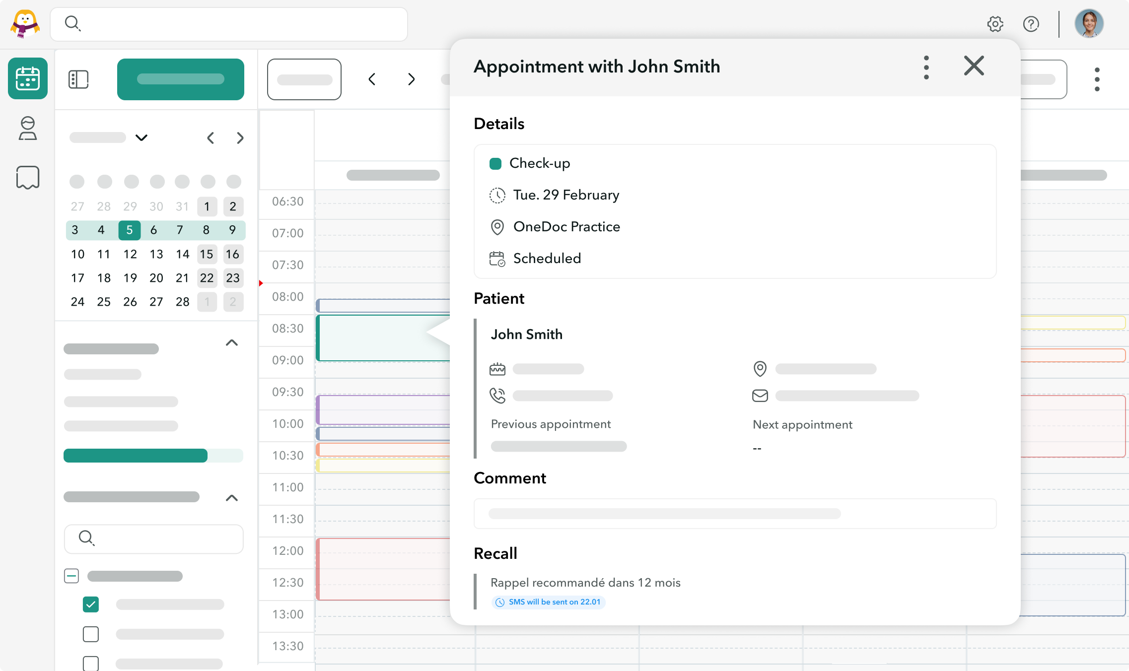 View of an appointment on the OneDoc Hub interface to which an SMS invitation to make a follow-up appointment has been added