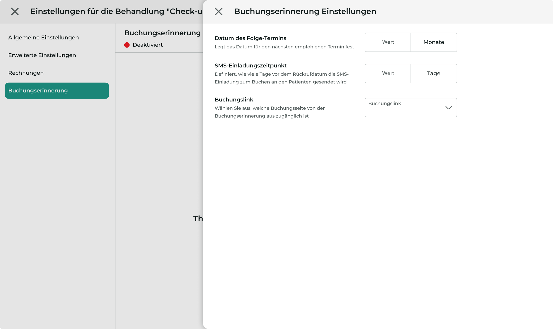 Ansicht der Konfigurationseinstellungen für die SMS-Einladung zum Folgetermin.