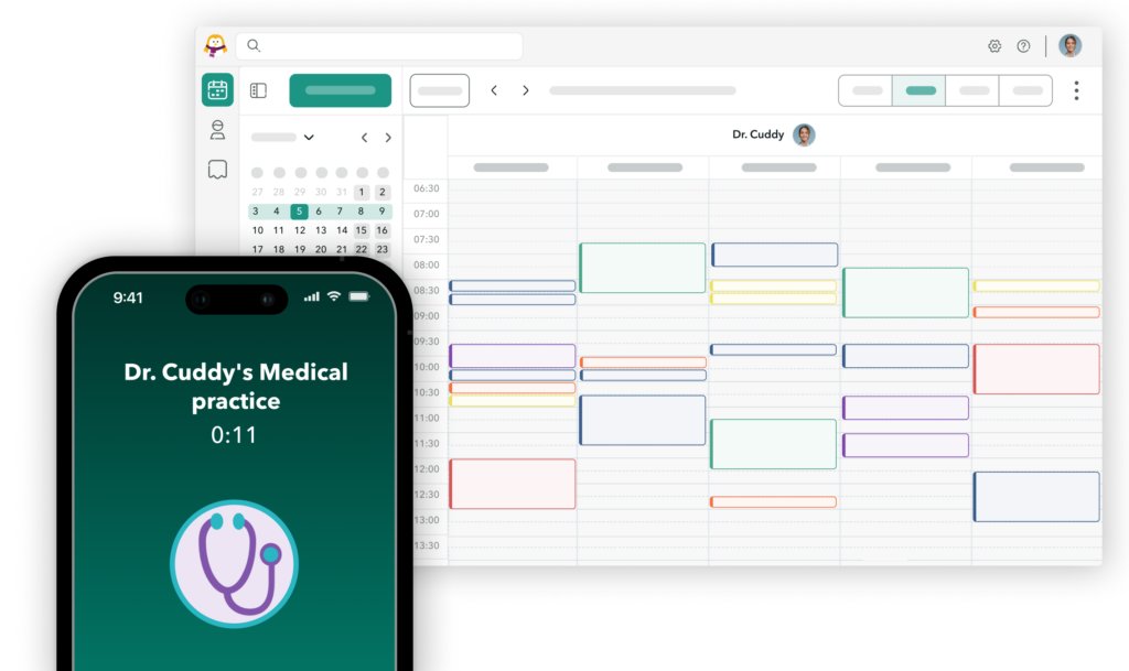 Emma-Phone-assistant-appointment-booking Phone screen showing Emma, the OneDoc phone assistant making appointments in the OneDoc Pro calendar