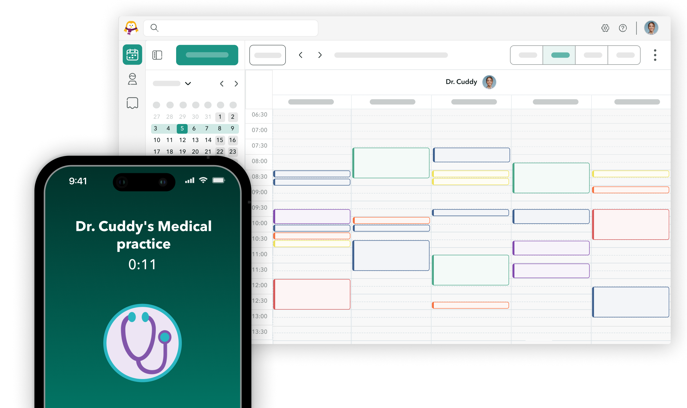 Phone screen showing Emma, the OneDoc phone assistant making appointments in the OneDoc Pro calendar