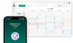 Telefonbildschirm mit Emma, der Telefonassistentin von OneDoc, die Termine im OneDoc Pro-Kalender erfasst