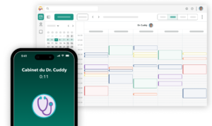 Écran de téléphone affichant Emma, l'assistante téléphonique de OneDoc prenant des rendez-vous dans l'agenda OneDoc Pro