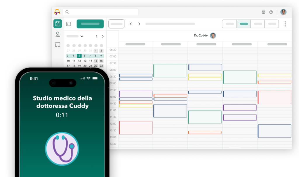 Emma-assistente-telefonica-prenotazione-online Schermo del telefono che mostra Emma, l'assistente telefonica di OneDoc che fissa appuntamenti nell'agenda OneDoc Pro.