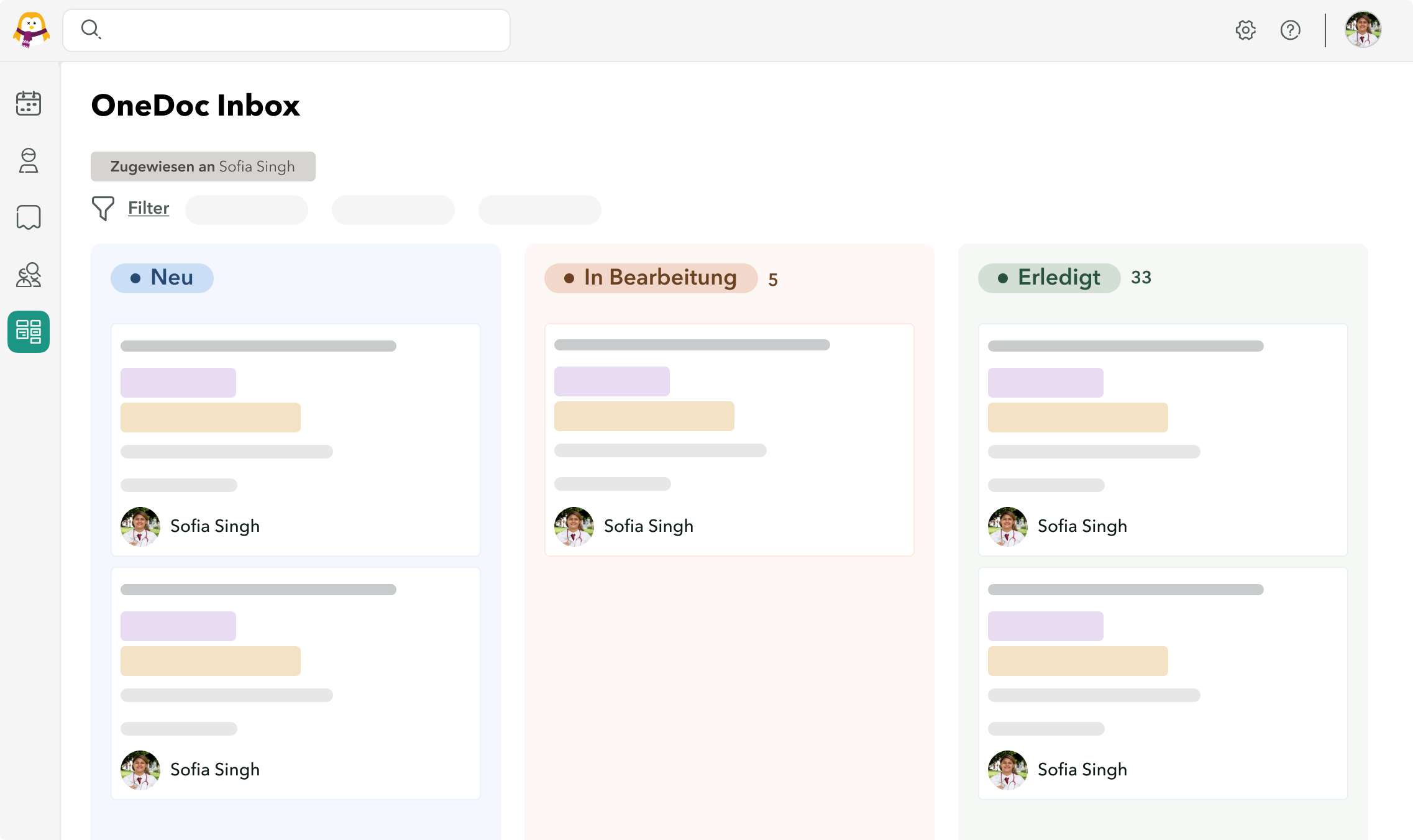 Ansicht des OneDoc-Aufgabenmanagers Inbox mit einem speziellen Filter, der nur die Aufgaben einer bestimmten medizinischen Fachkraft anzeigt