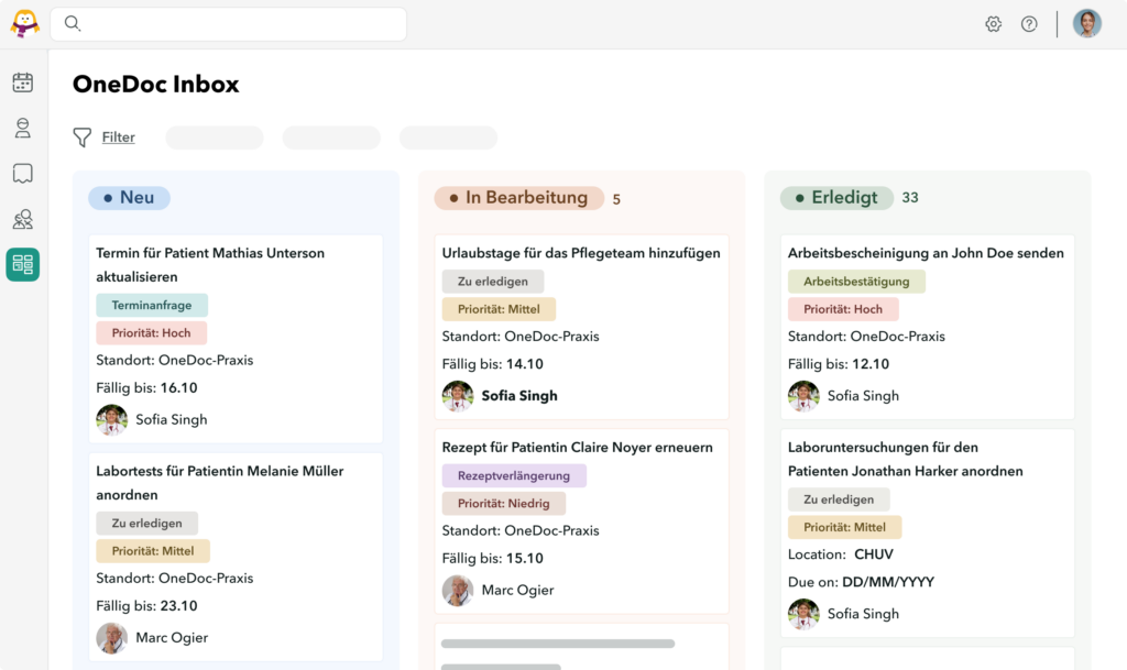 Ansicht des OneDoc Inbox-Aufgabenmanagers mit sortierten Aufgaben