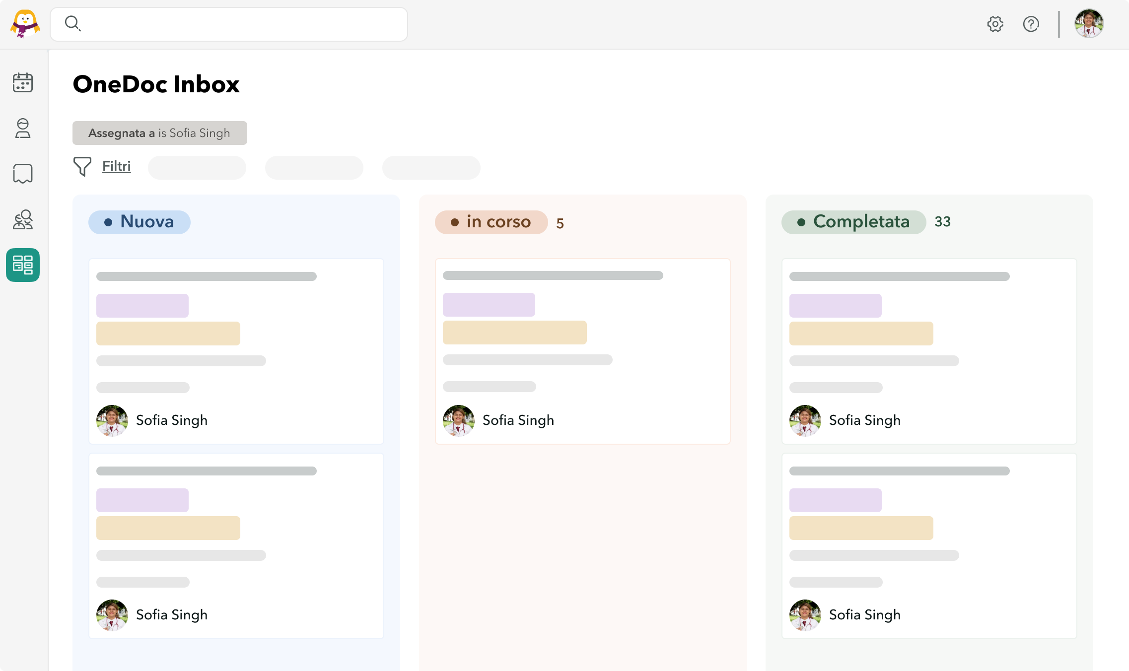 Vista del gestore delle attività OneDoc Inbox con un filtro specifico che mostra solo le attività di un determinato operatore sanitario