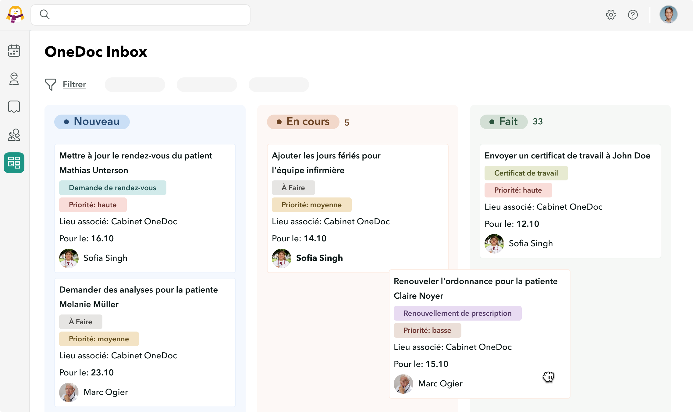 Inbox-gestion-deplacer-tache Vue du gestionnaire de tâches OneDoc Inbox et le déplacement d'une tâche d'une colonne à l'autre pour changer son statut.
