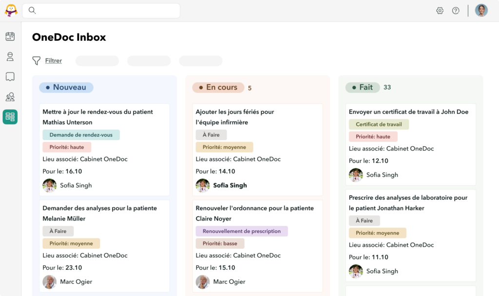 Vue du gestionnaire de tâches OneDoc Inbox avec des tâches ordonnées et centralisées