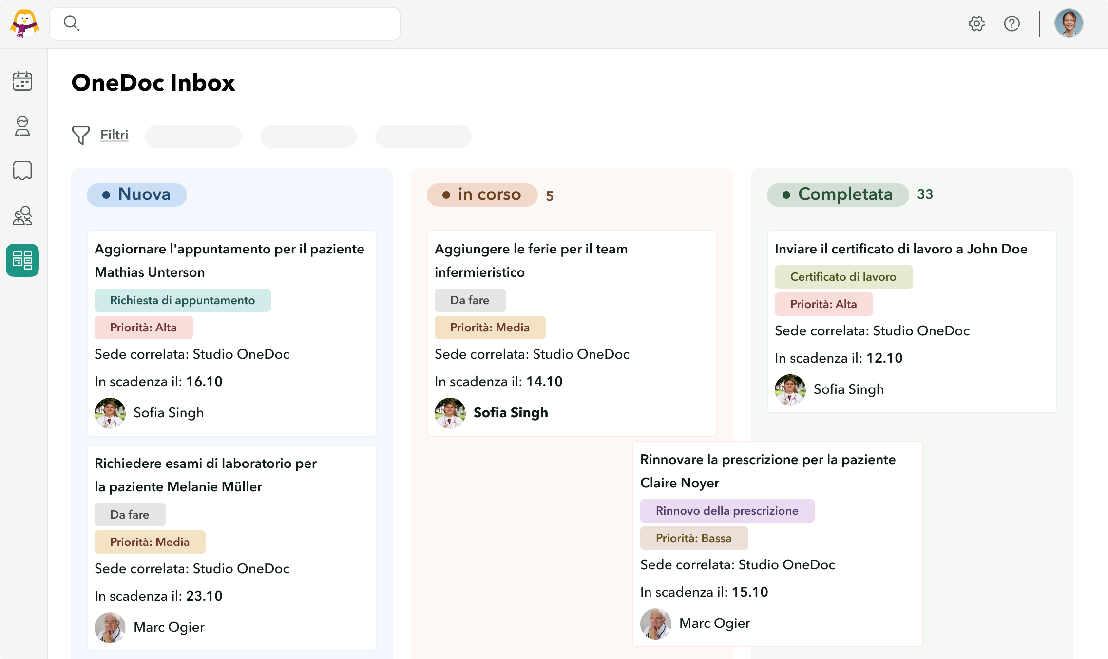 Vista del gestore delle attività OneDoc Inbox e spostamento di un'attività da una colonna all'altra per modificarne lo stato.