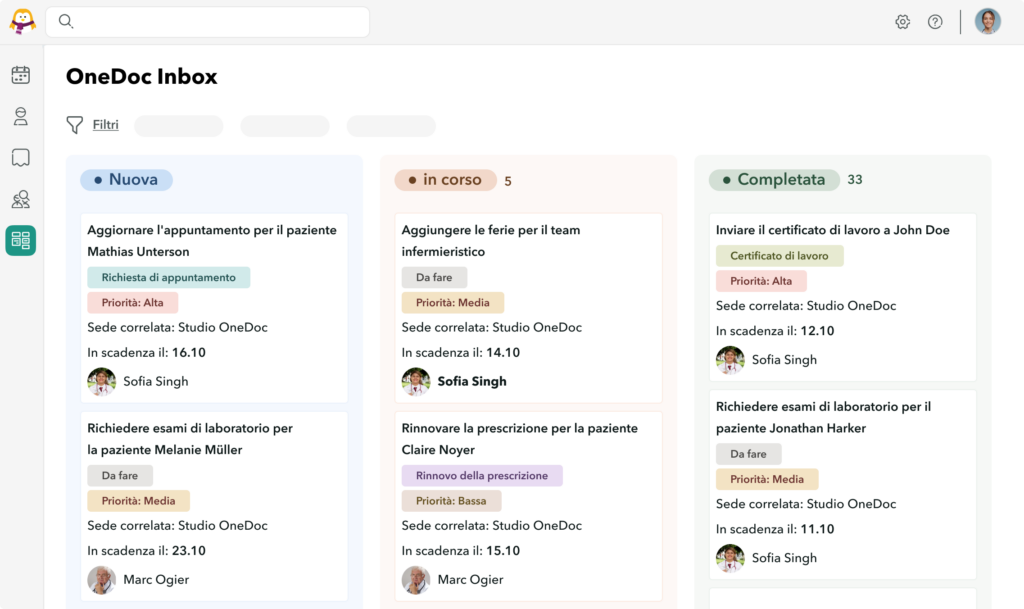 Vista del gestore delle attività OneDoc Inbox con attività ordinate