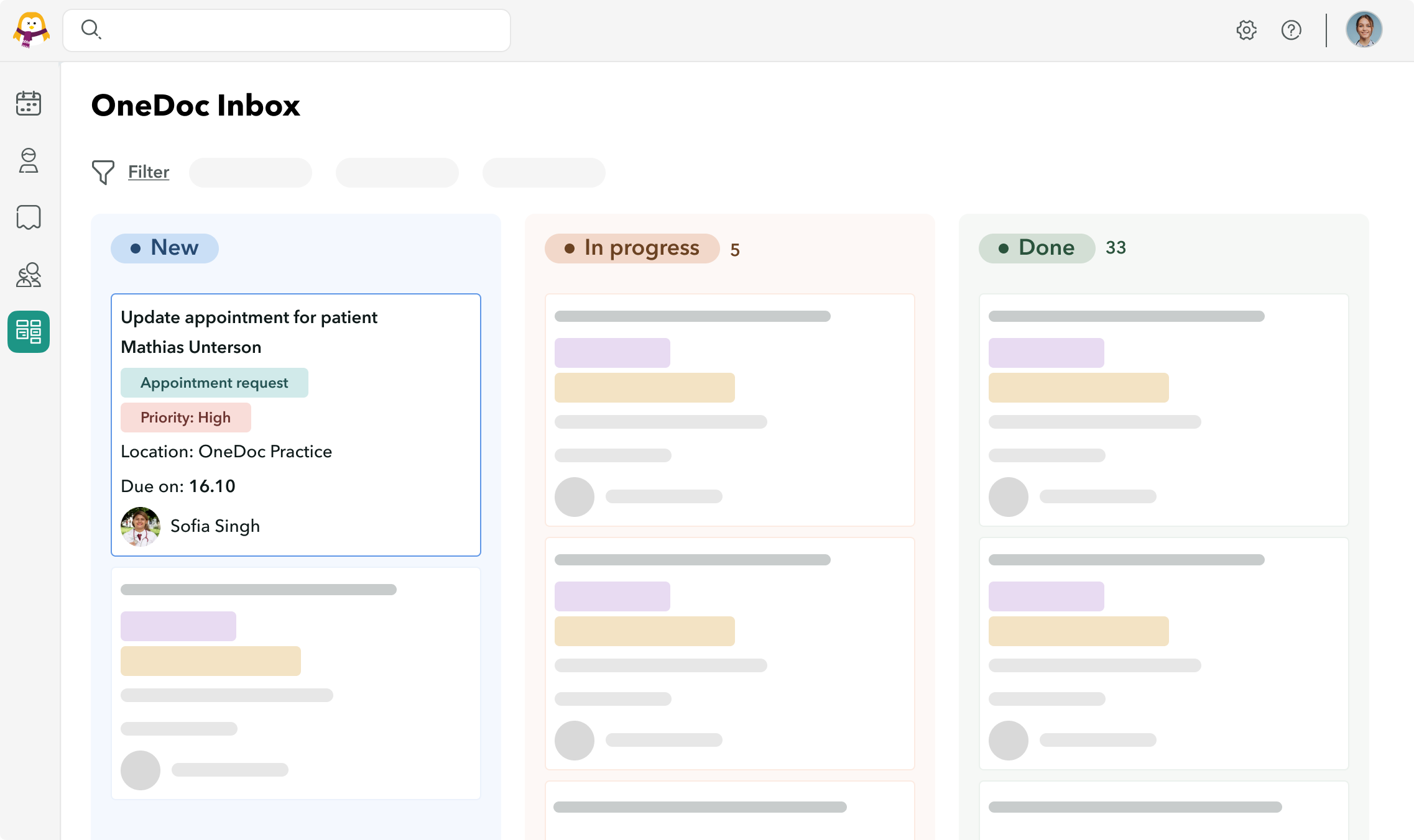 View of the task manager OneDoc Inbox with the addition of a new task