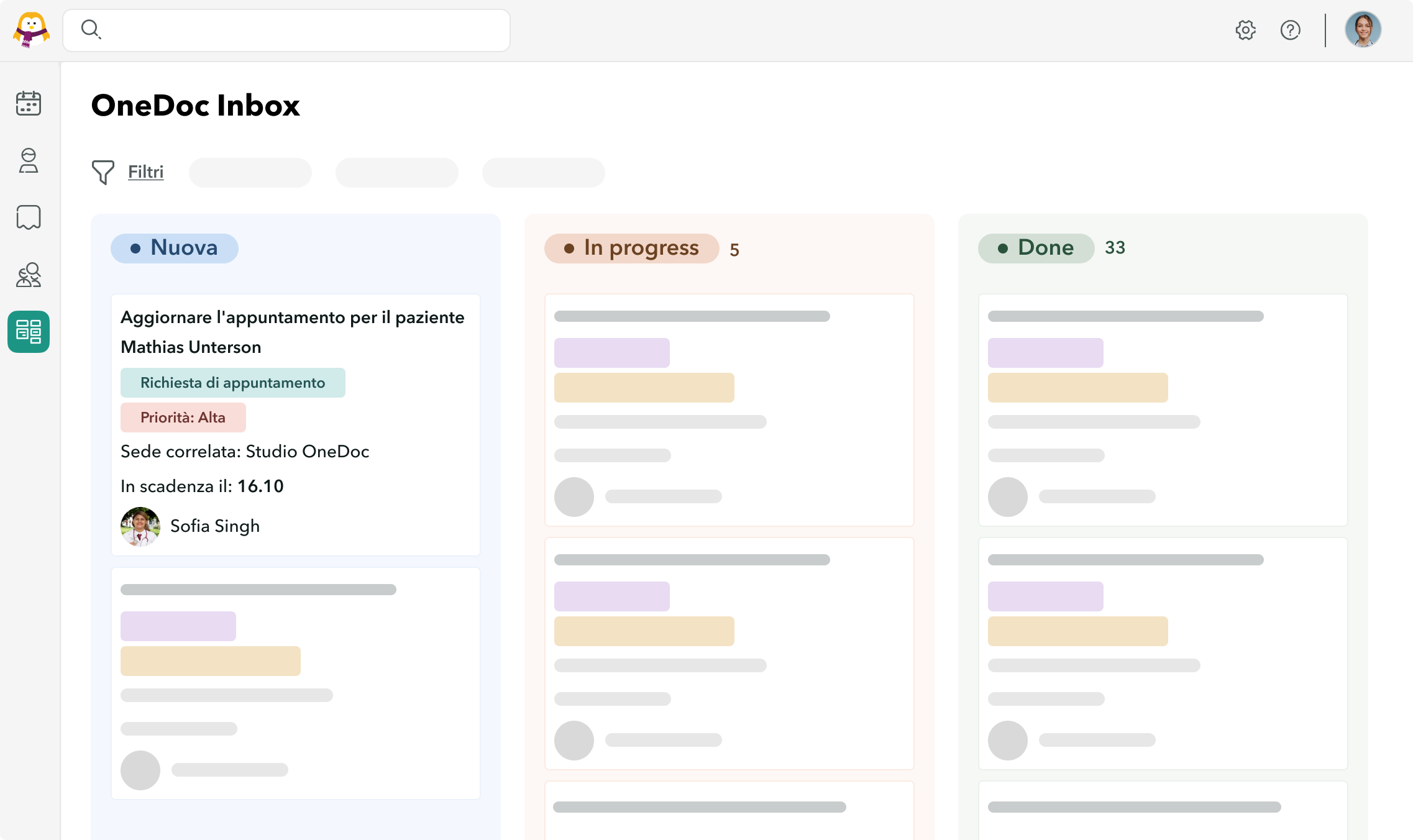 Vista della casella di posta OneDoc con l'aggiunta di una nuova attività