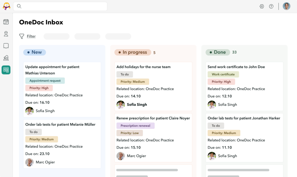 View of the OneDoc Inbox task manager with tasks sorted