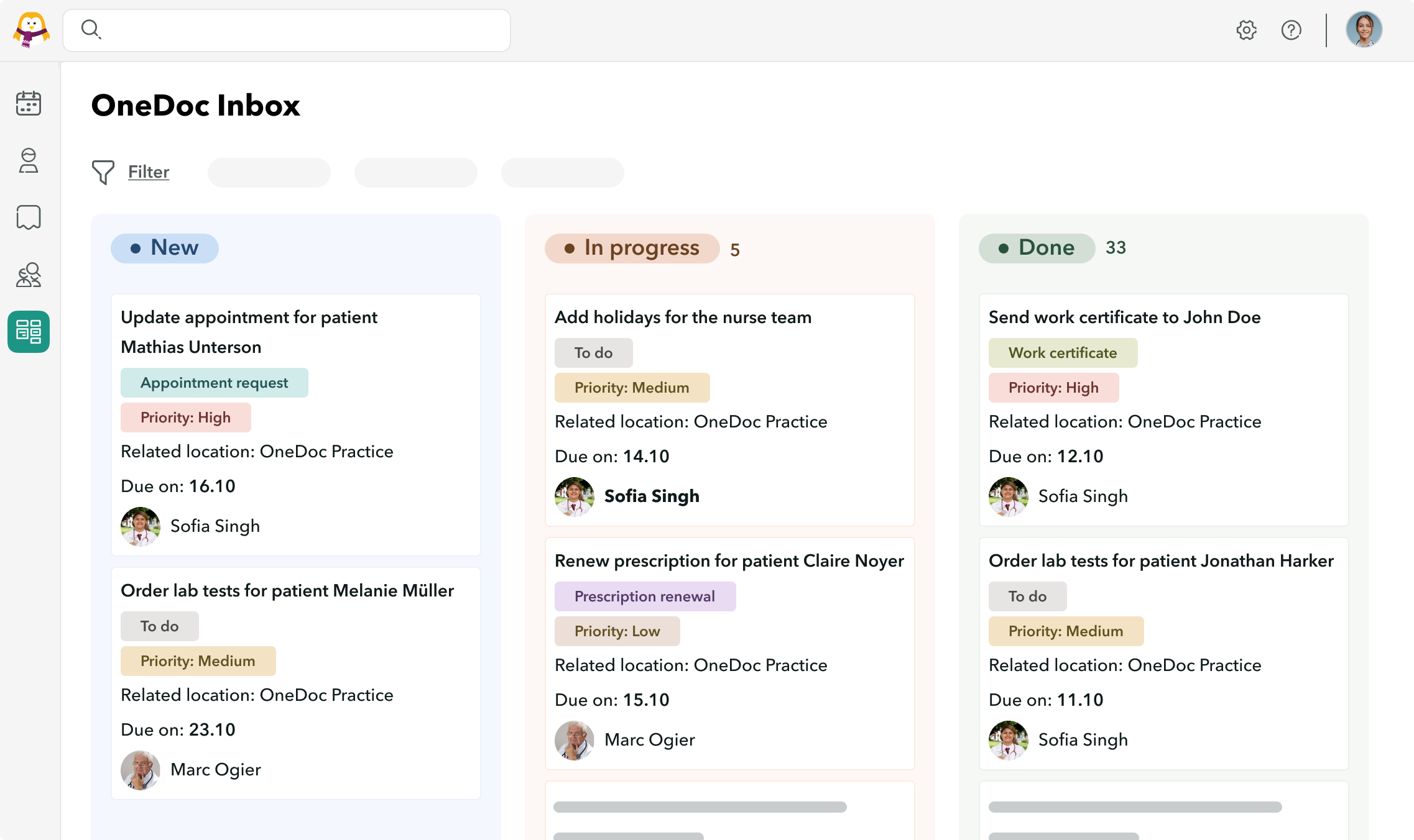 View of the OneDoc Inbox task manager with tasks sorted