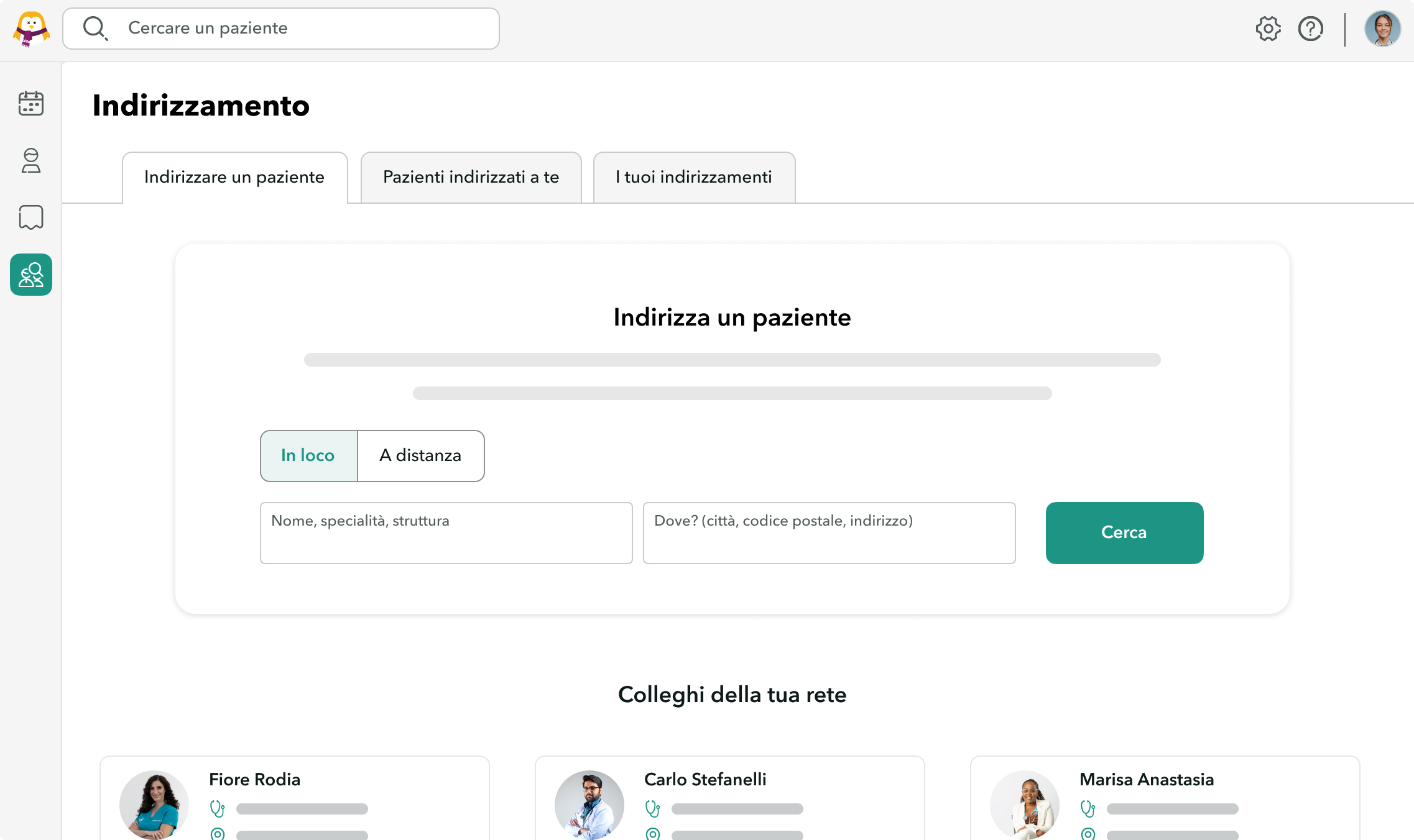 Vista della ricerca per l'indirizzamento dei pazienti su Onedoc Pro