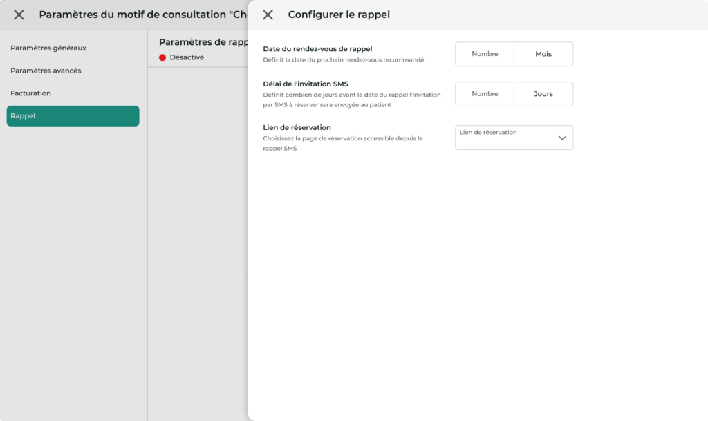 Vue des paramètres de configuration du SMS d'invitation de rendez-vous de suivi.