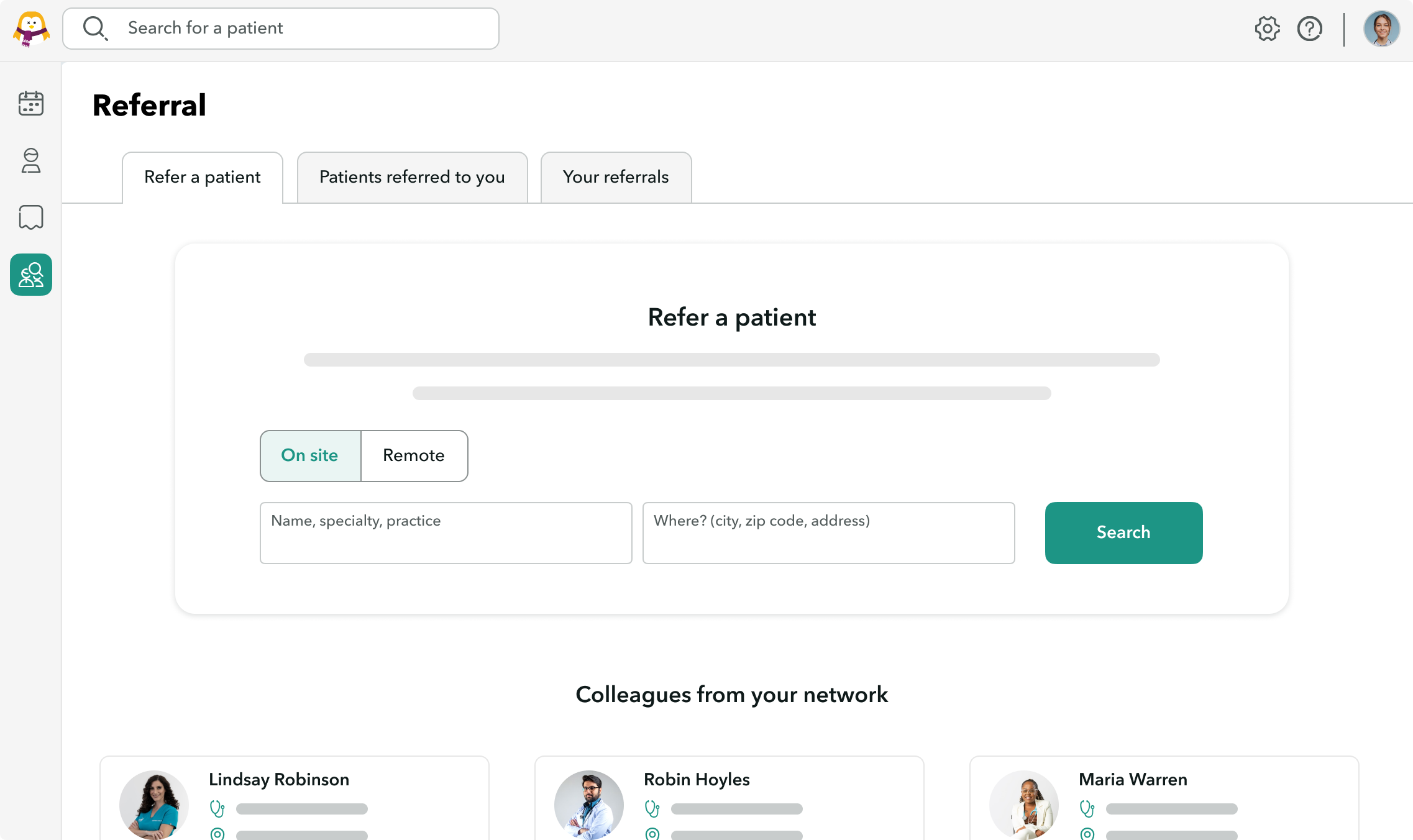 View of the search for patient addressing on OneDoc Pro