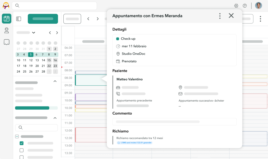 Vista di un appuntamento sull'interfaccia OneDoc Hub su cui è stato aggiunto un SMS di invito a fissare un appuntamento di follow-up.