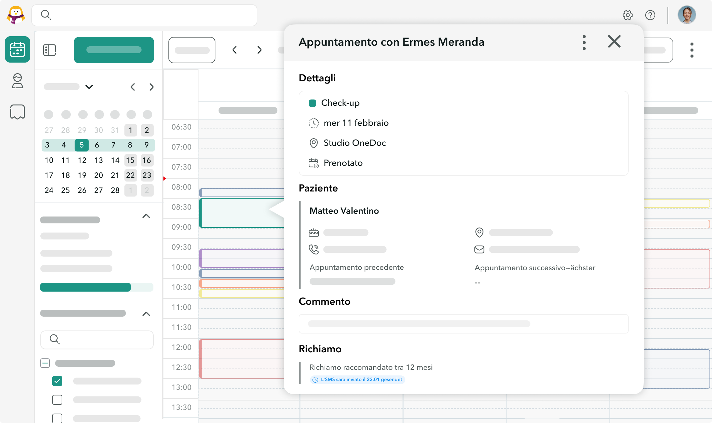 Vista di un appuntamento sull'interfaccia OneDoc Hub su cui è stato aggiunto un SMS di invito a fissare un appuntamento di follow-up.