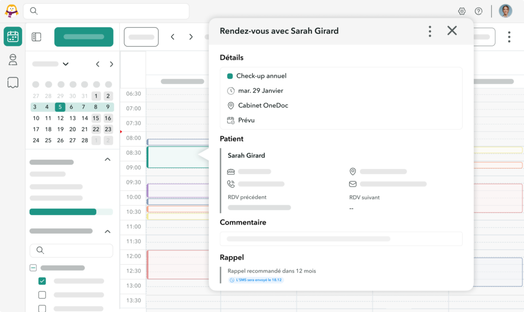 Vue d'un rendez-vous sur l'interface OneDoc Hub sur lequel a été ajouté un SMS d'invitation à prendre un rendez-vous de suivi