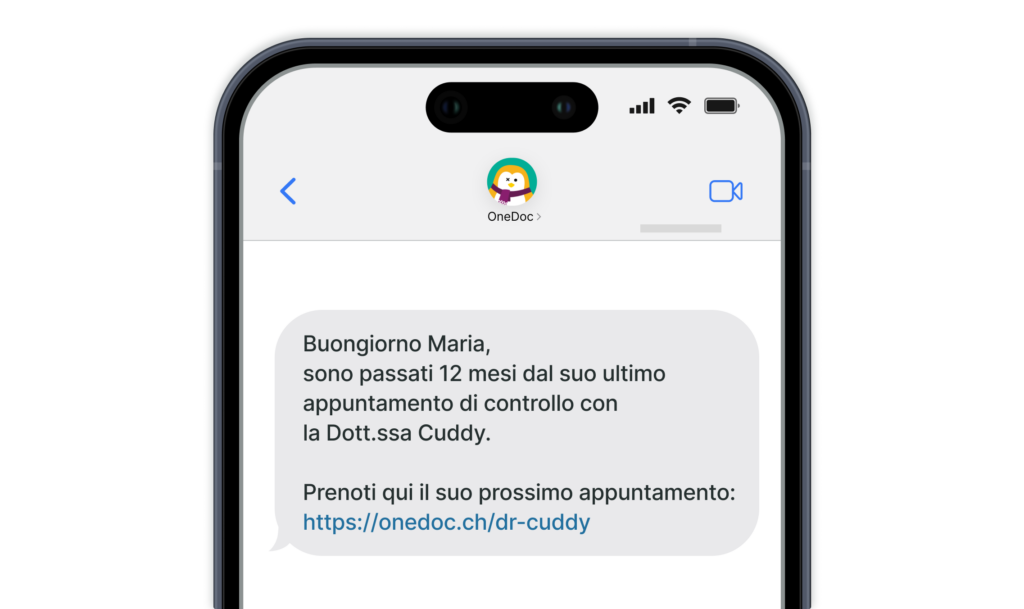 Cellulare che visualizza un SMS che invita un paziente a fissare un appuntamento di controllo.