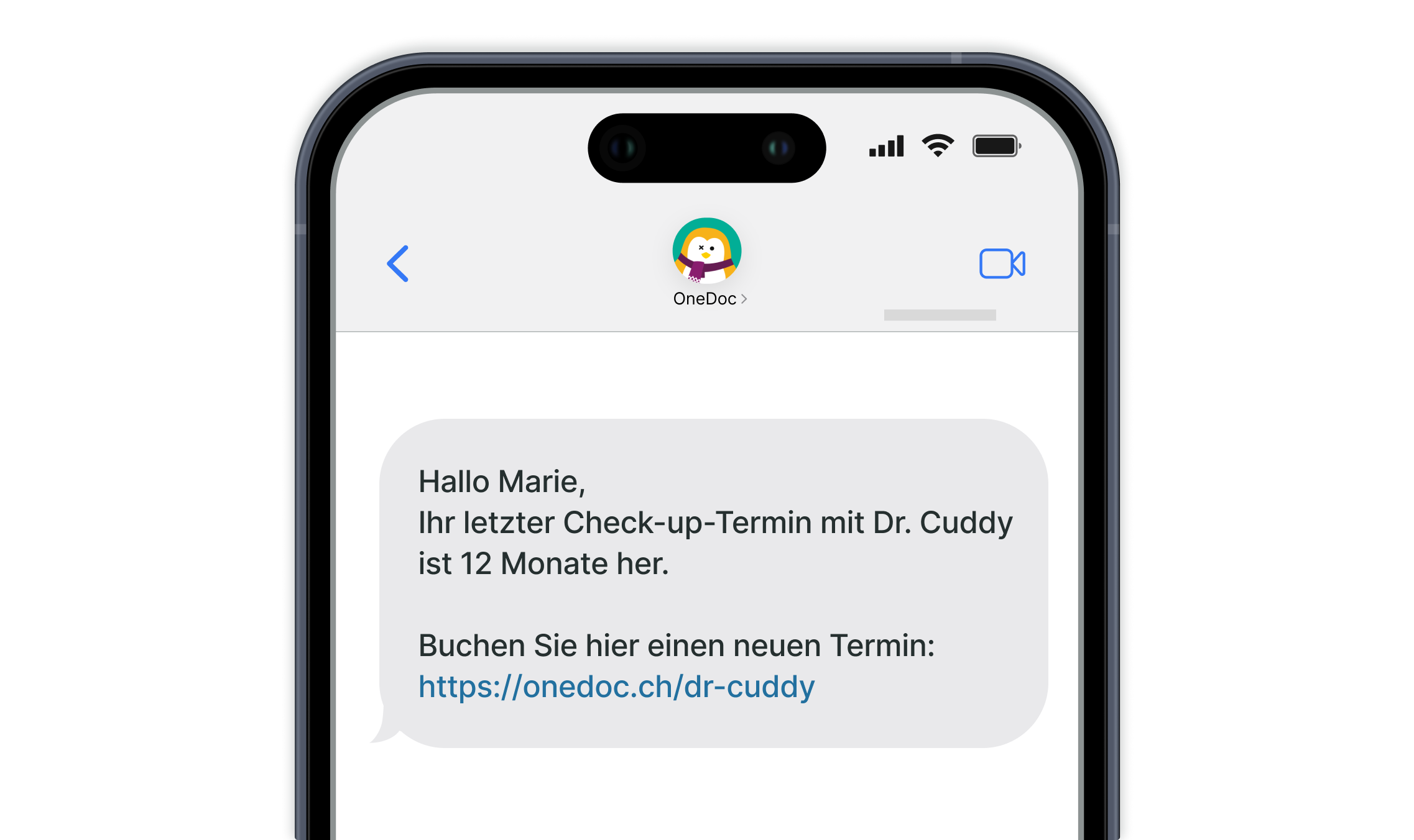 Natel mit einer SMS, in der ein Patient zu einem Folgetermin eingeladen wird.