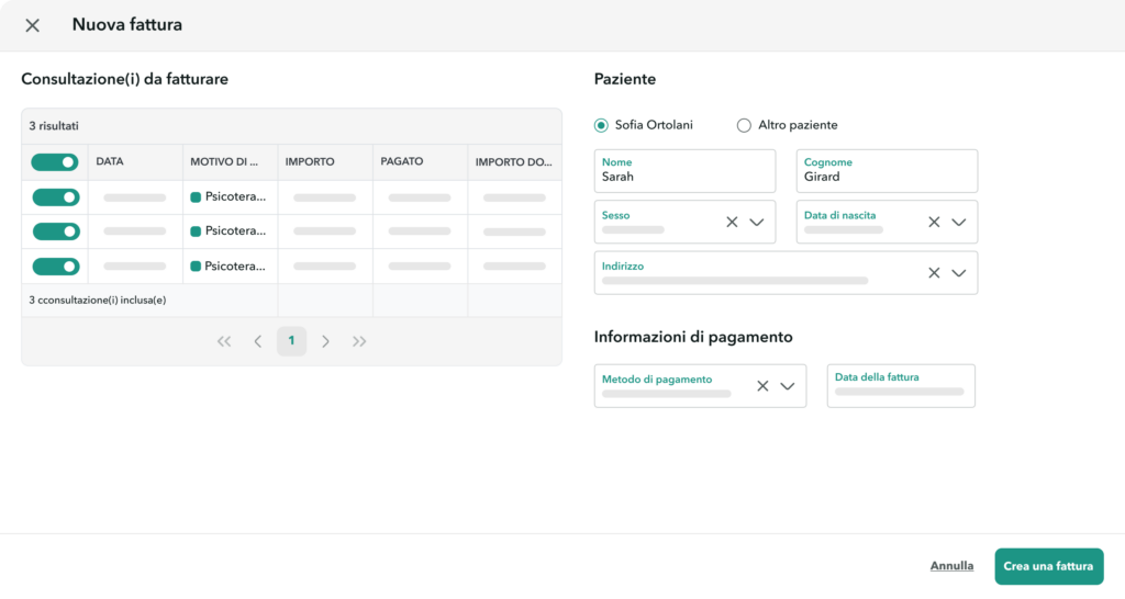 Vista dell'interfaccia di fatturazione OneDoc Invoice che consente di fatturare una serie di appuntamenti di psicoterapia.