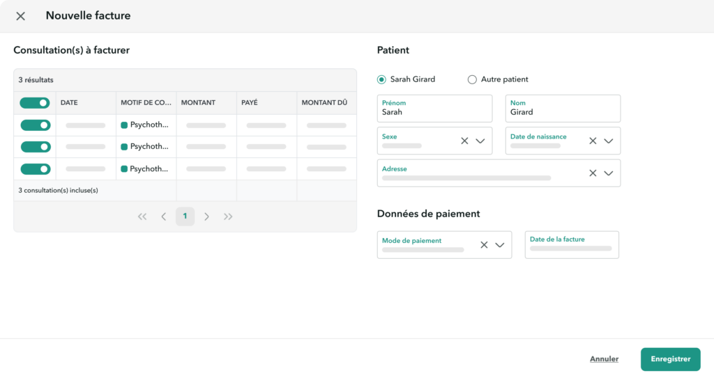 Vue de l'interface de facturation OneDoc Invoice permettant de facturer une série de rendez-vous de psychothérapie.